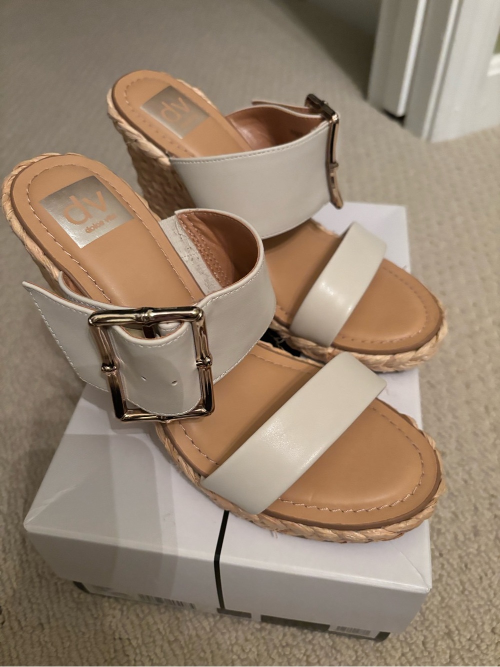 DV by Dolce Vita Cream Wedge Slide Sandals with Gold Buckle